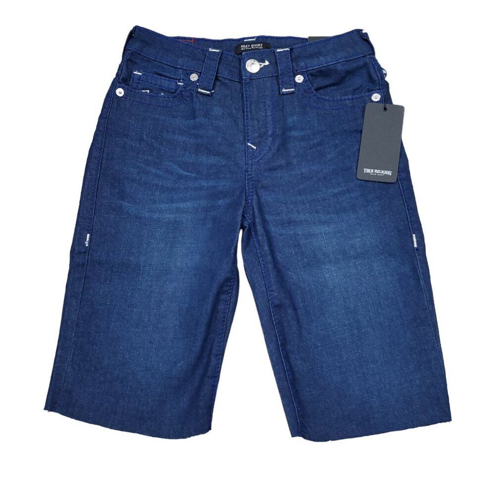 True Religion Riley Big T Raw Hem Mid Rise Bermuda Jean Shorts Dark Wash Size 27